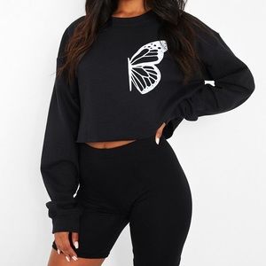 Half Butterfly Print Cropped Sweatshirt